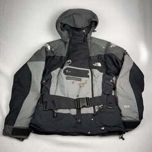 The North Face Steep Tech 550 Down Jacket Womens Small Grey Black Hooded Belted